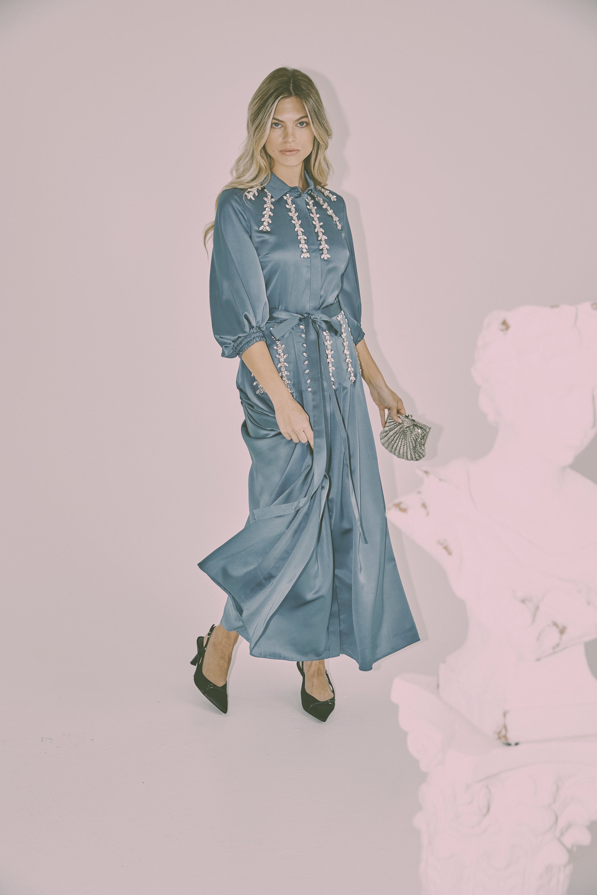 NOI-1202 BLACK SATIN EMBELLISHED DRESS