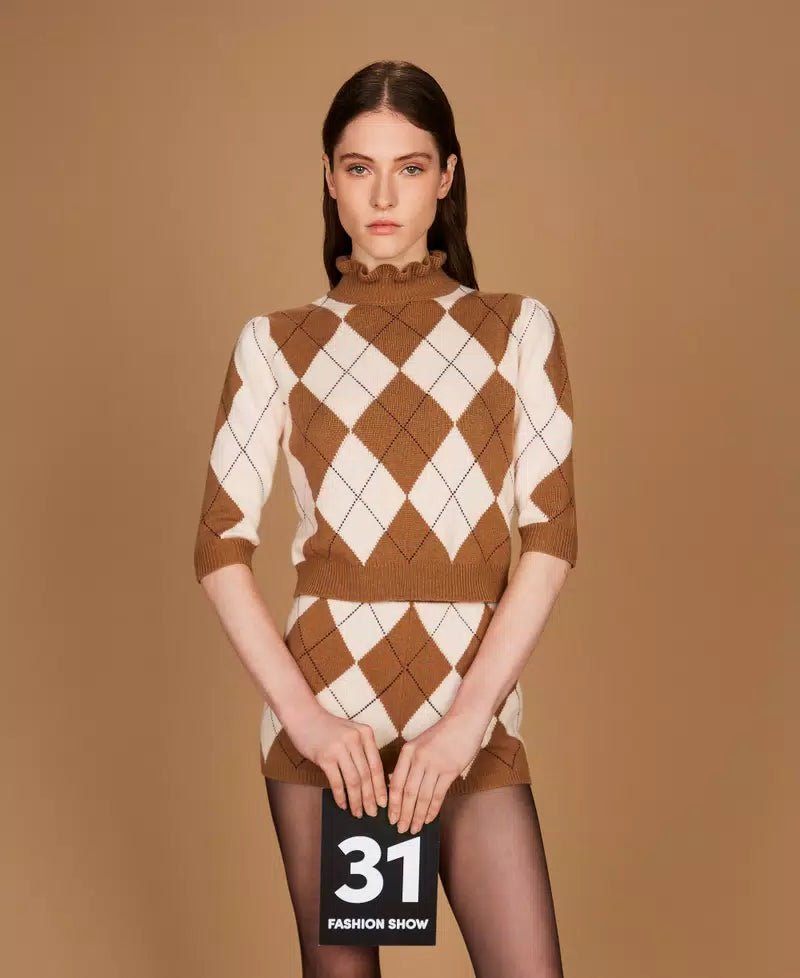 TWS-252TS3401 CAMEL ARGYLE WOOL TOP