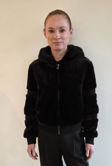 FSL-8304 BLK FAUX MINK CABLE KNIT JACKET