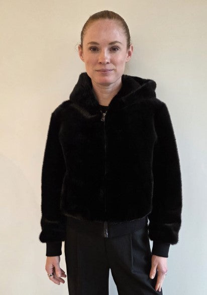 FSL-8307 BLACK FAUX MINK HOODED JACKET