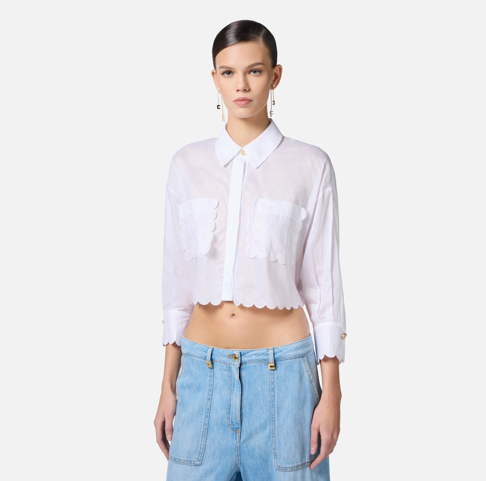 ELS-CA09752 WHITE SCALLOP POCKET BLOUSE