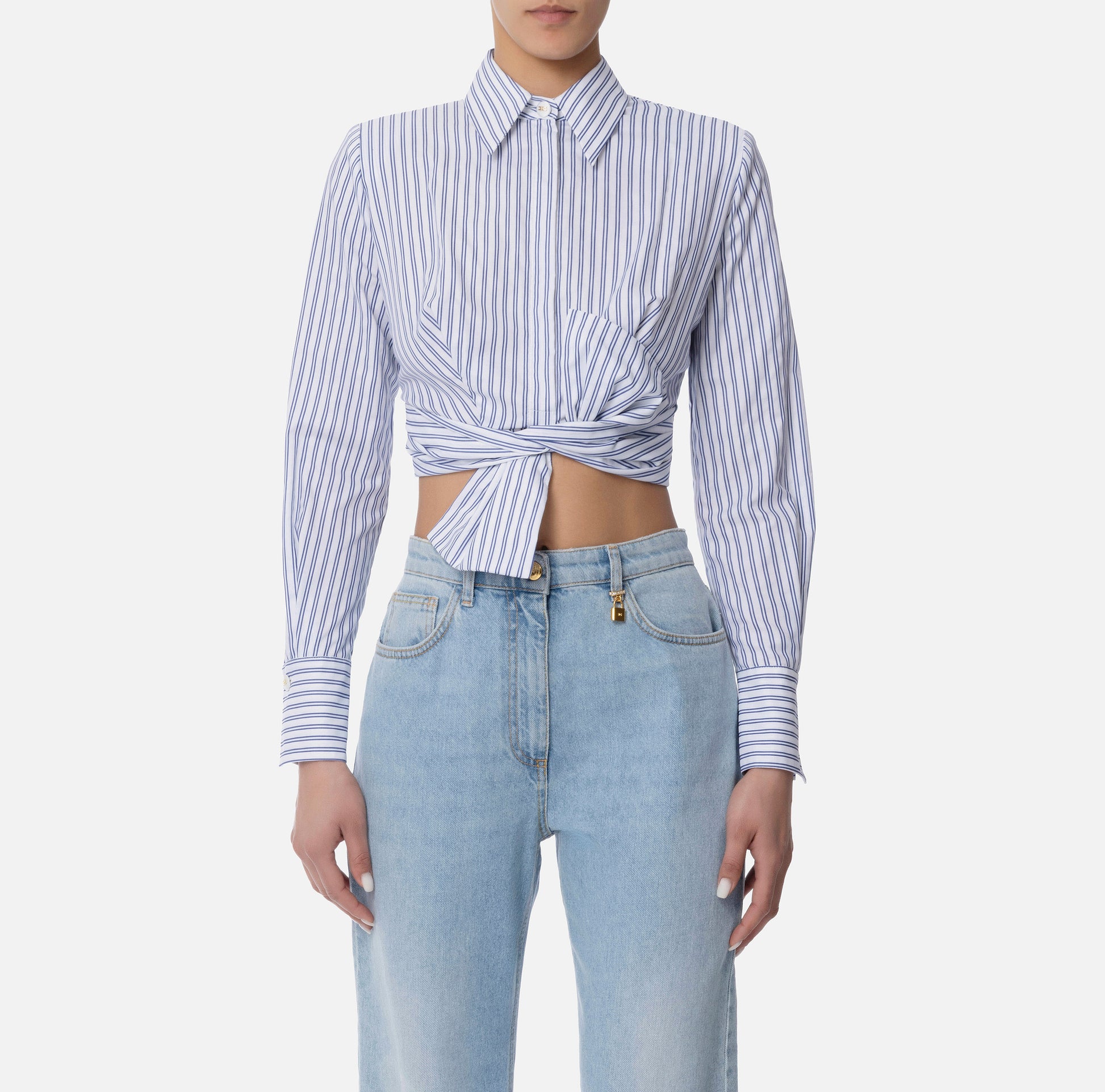 ELS-CA12252 BLUE STRIPE TIE BLOUSE