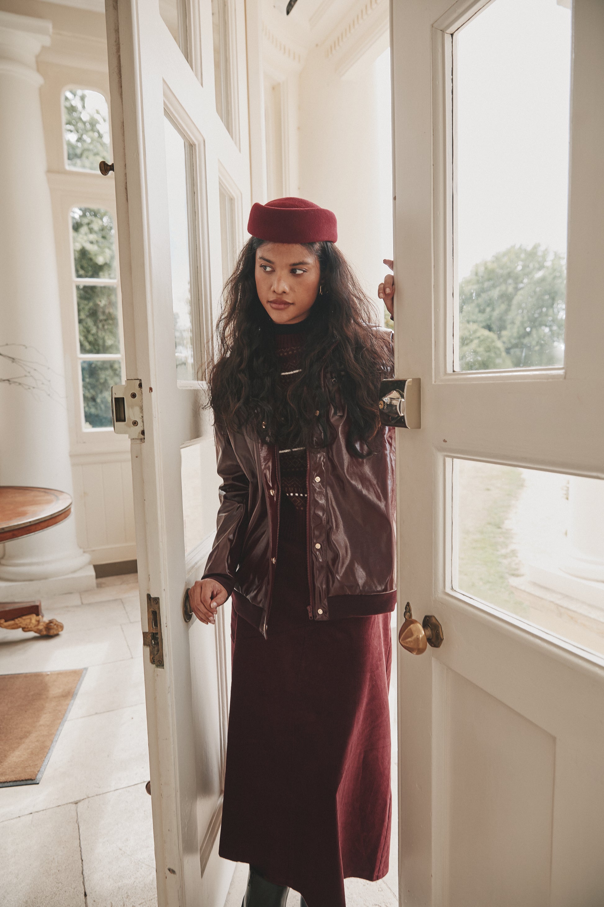 NOI-NR-412B BURGANDY CORDUROY SKIRT