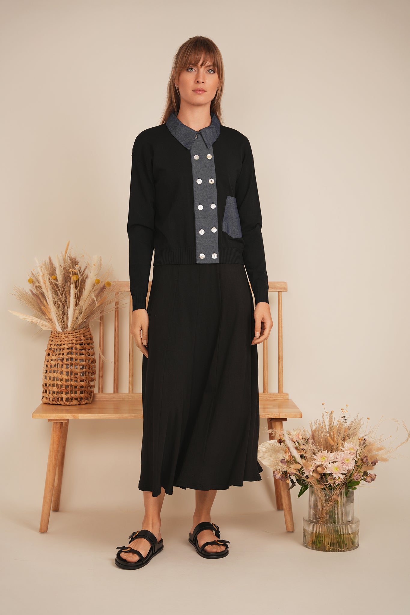 DEJ-SB5CM1467TE BLACK&DENIM CARDIGAN