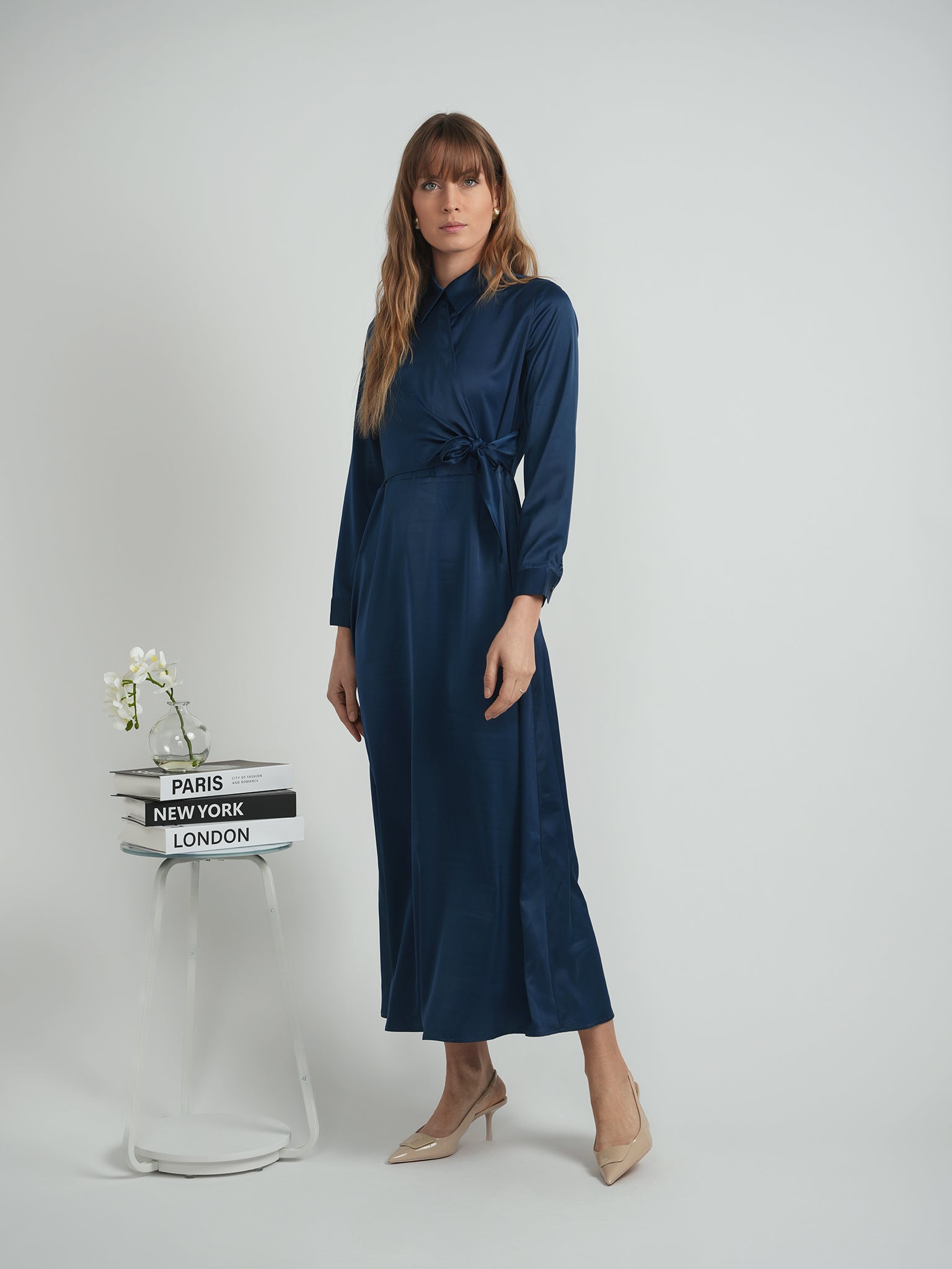 DEJ-WB5CM1736DL MIDNIGHT BLUE SATIN WRAP DRESS
