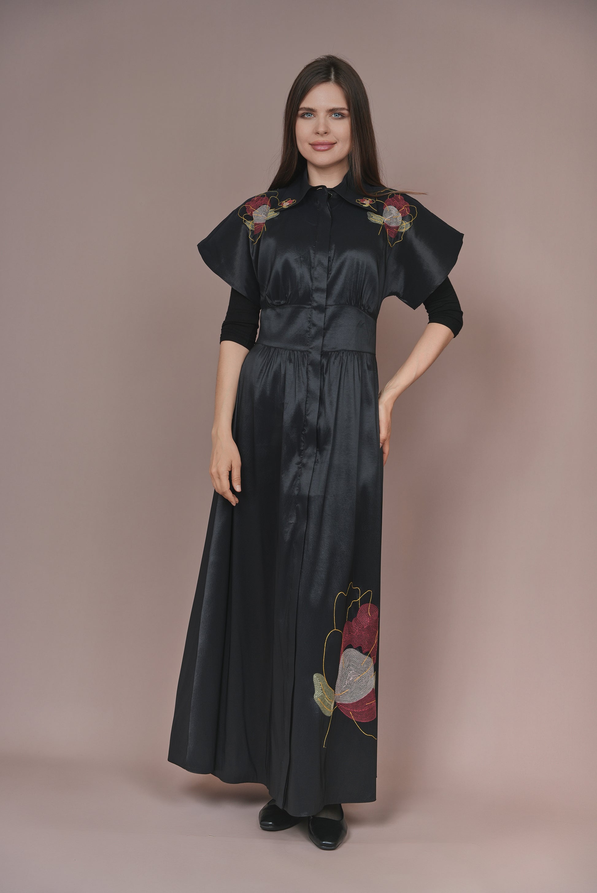 SHA-G2102 BLACK&RED WAISTED PLEATED DRESS