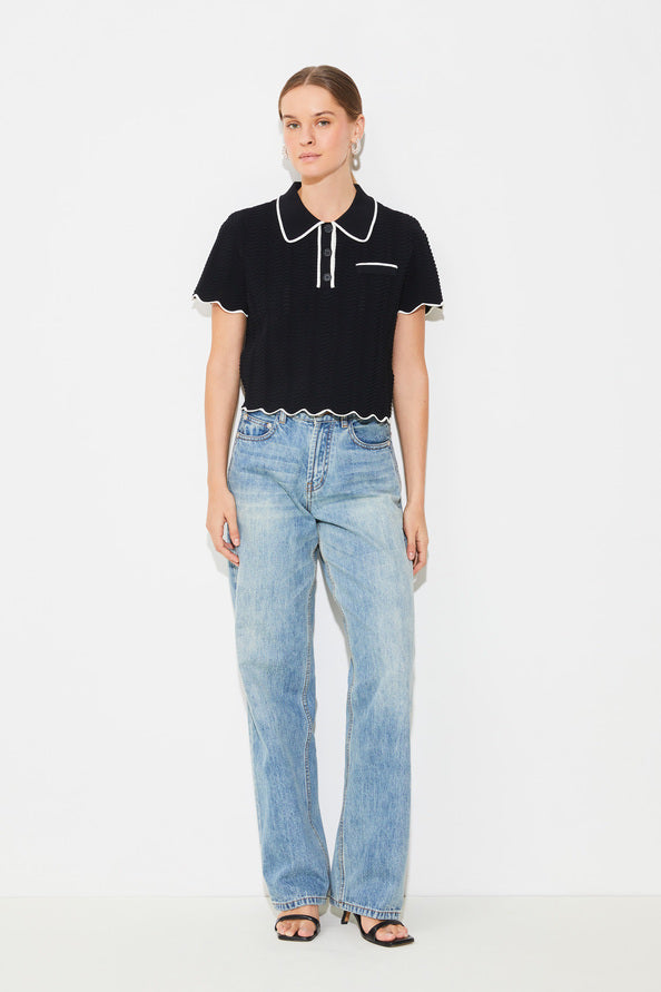 SUN-S25M01337 PIKIL BLK&WHT SCALLOP TOP