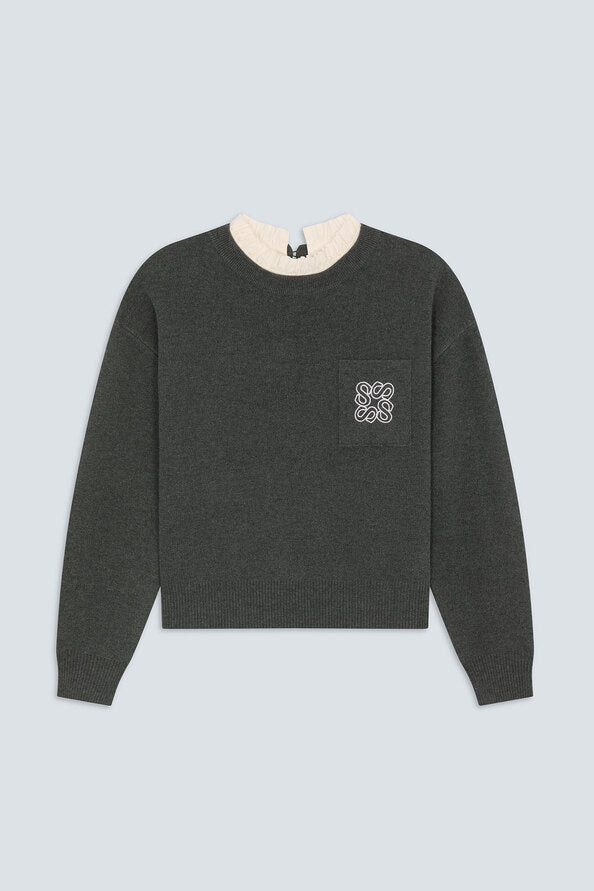 SUN-PACOLI GREY&WHITE FRILL TOP