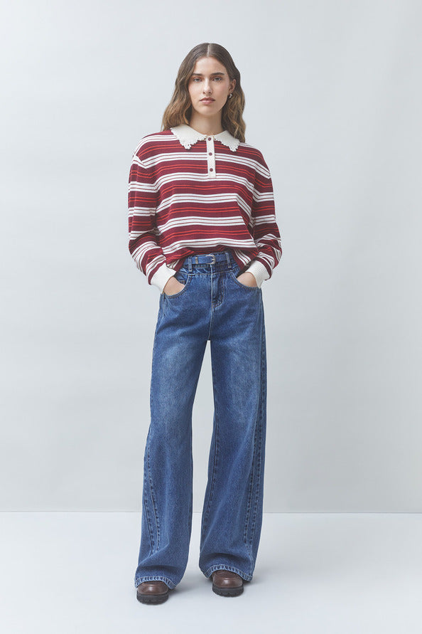 SUN-PREGO BURGUNDY STRIPED POLO TOP 0