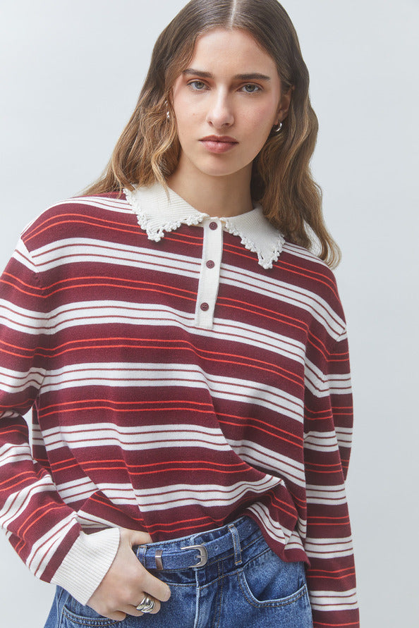 SUN-PREGO BURGUNDY STRIPED POLO TOP 0