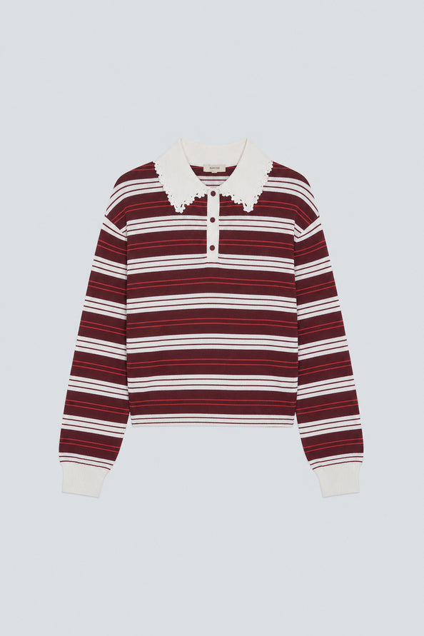 SUN-PREGO BURGUNDY STRIPED POLO TOP 0