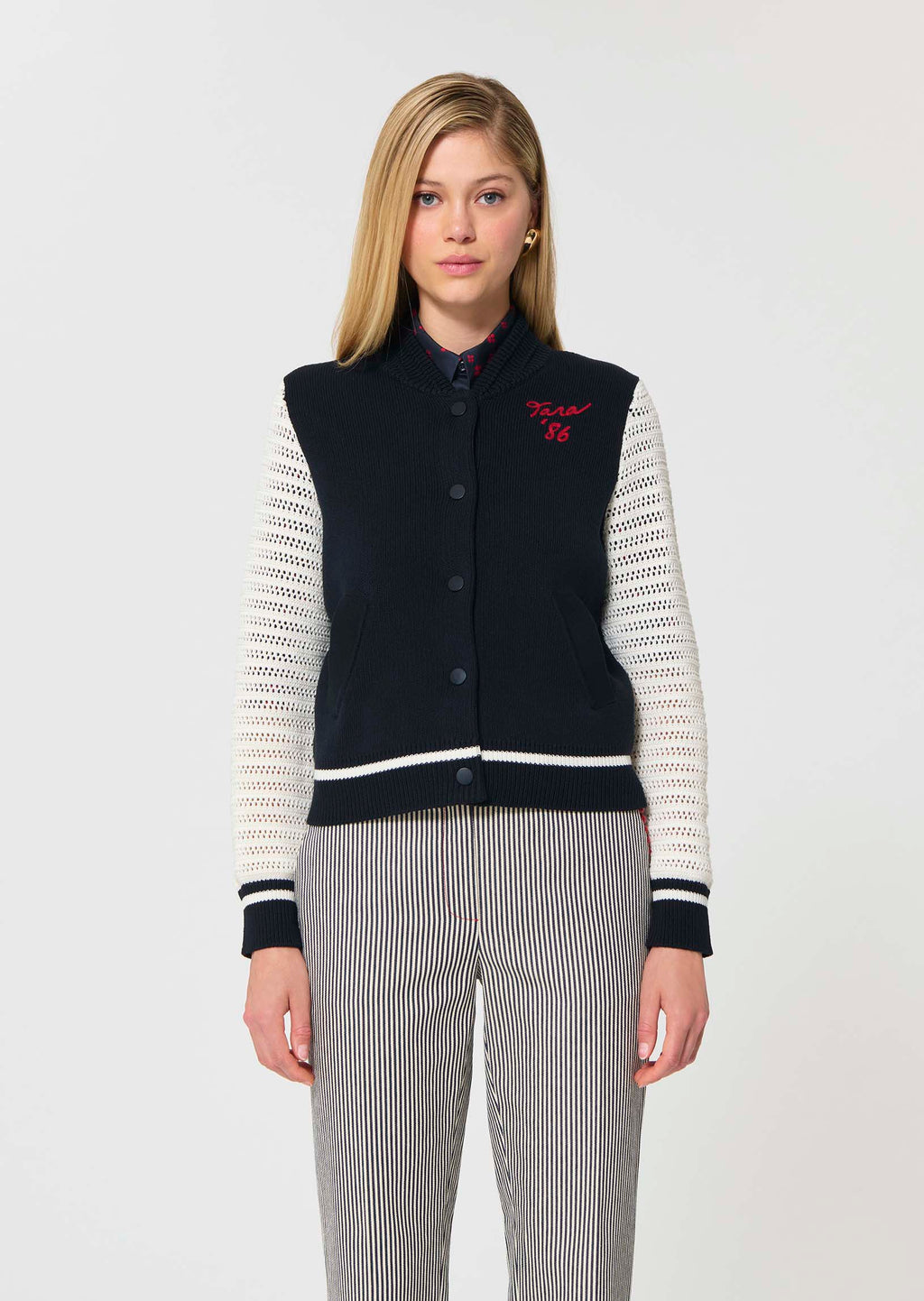 TAJ-GABB NAVY&WHITE KNIT JACKET