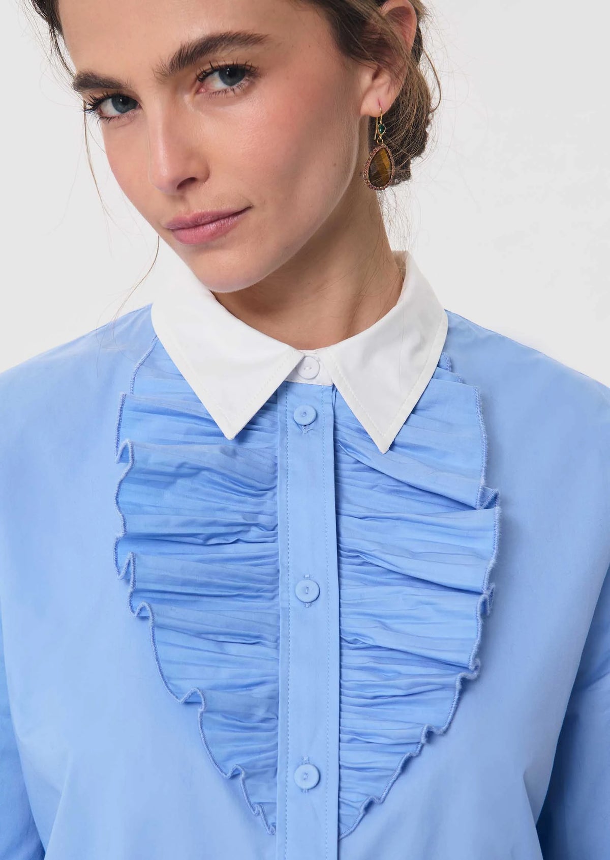 TAJ-CLOVIS BLUE RUFFLE COTTON BLOUSE