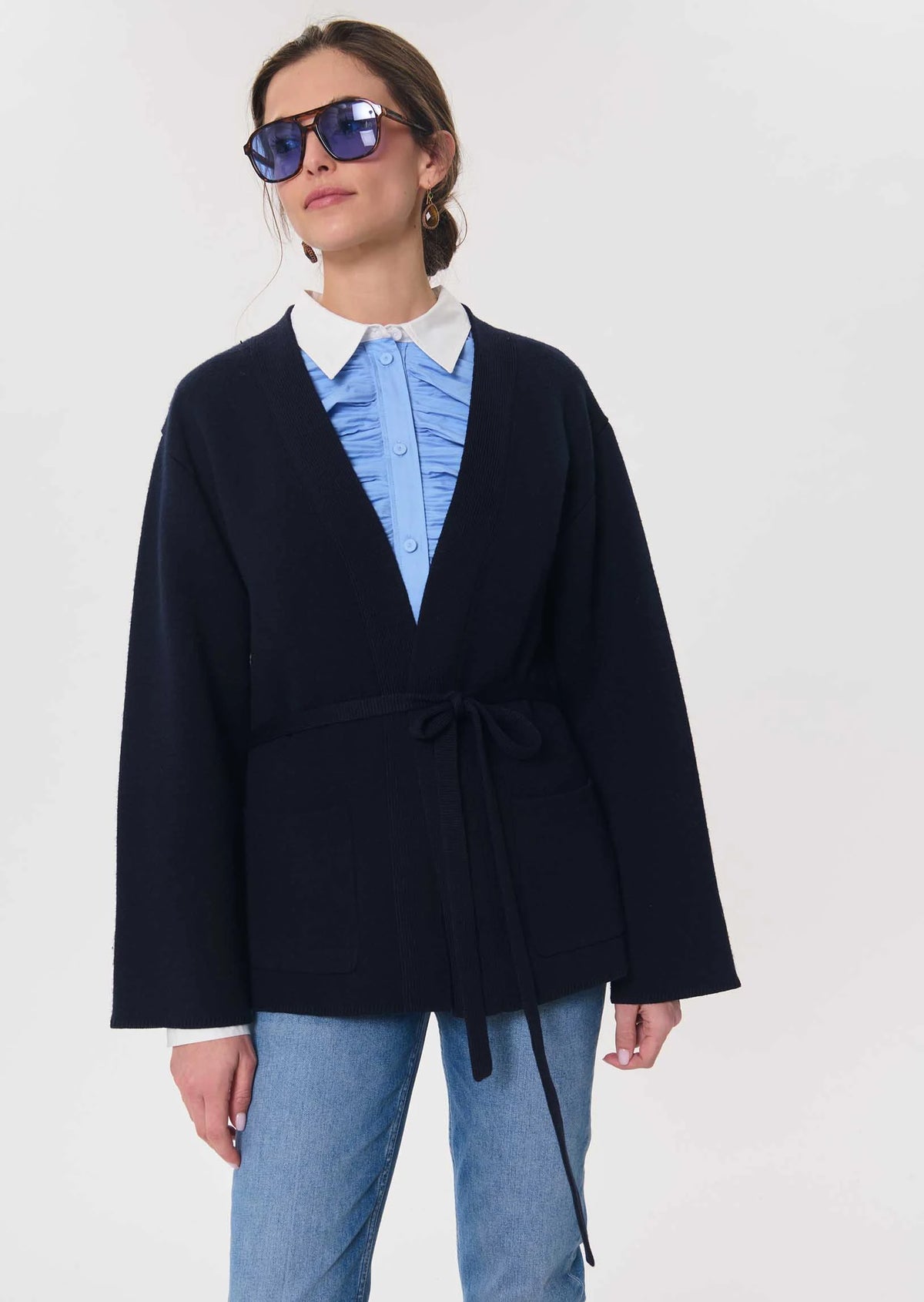 TAJ-CLOVIS BLUE RUFFLE COTTON BLOUSE