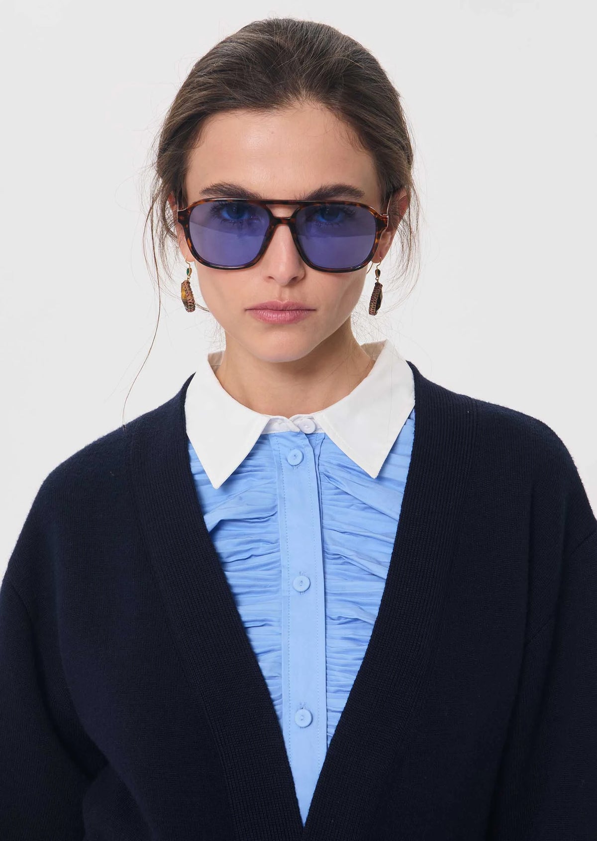 TAJ-CLOVIS BLUE RUFFLE COTTON BLOUSE