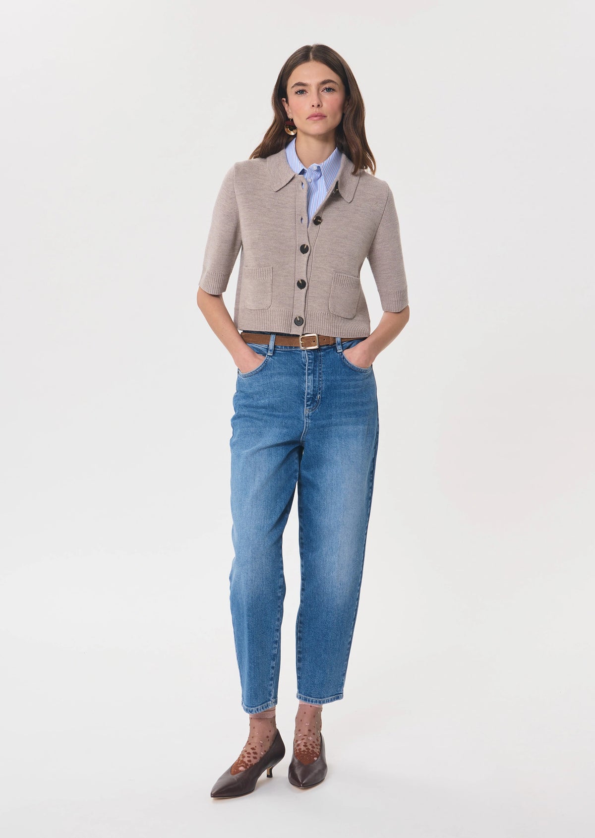TAJ-GENNY TAUPE BUTTON CARDIGAN