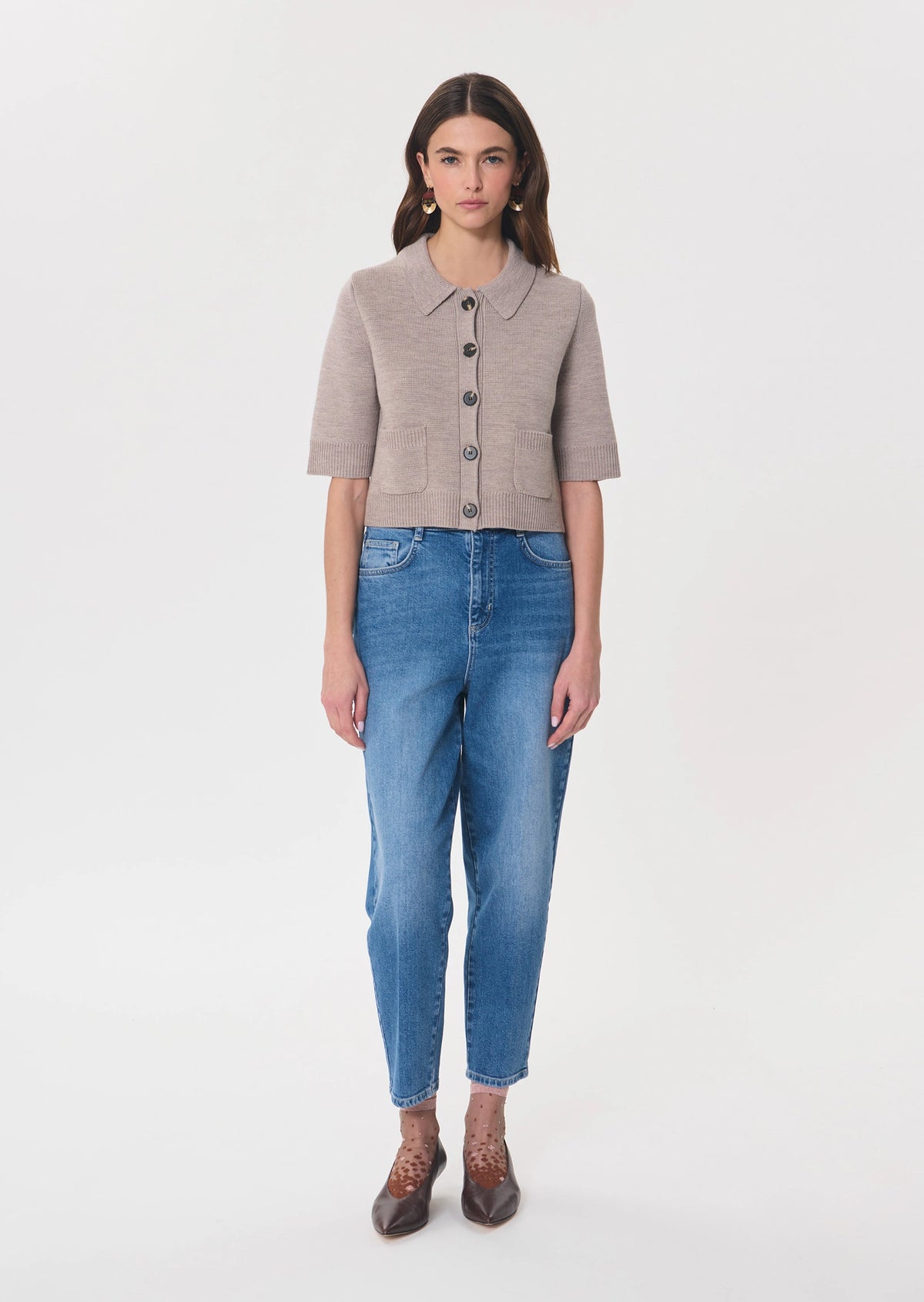 TAJ-GENNY TAUPE BUTTON CARDIGAN