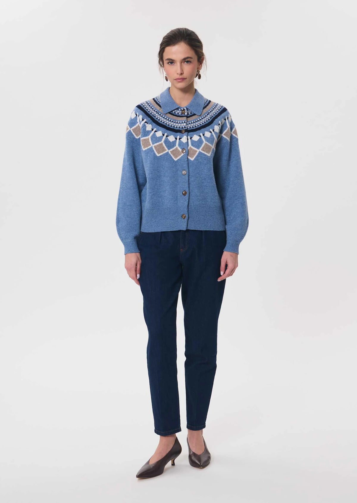 TAJ-GIULIETTA BLUE FAIR ISLE KNIT CARDIGAN