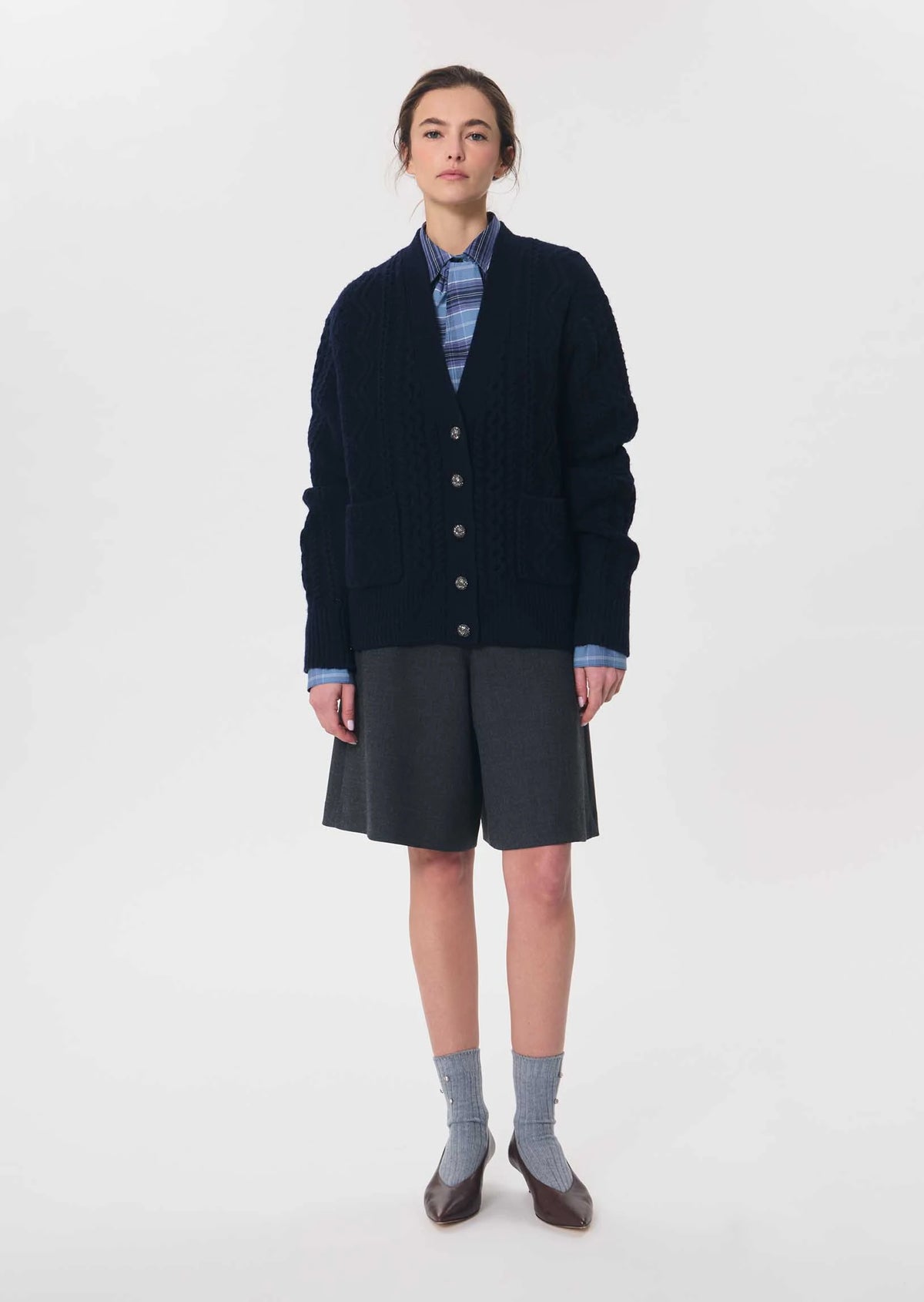 TAJ-GILOU NAVY KNIT RHINESTONE CARDIGAN