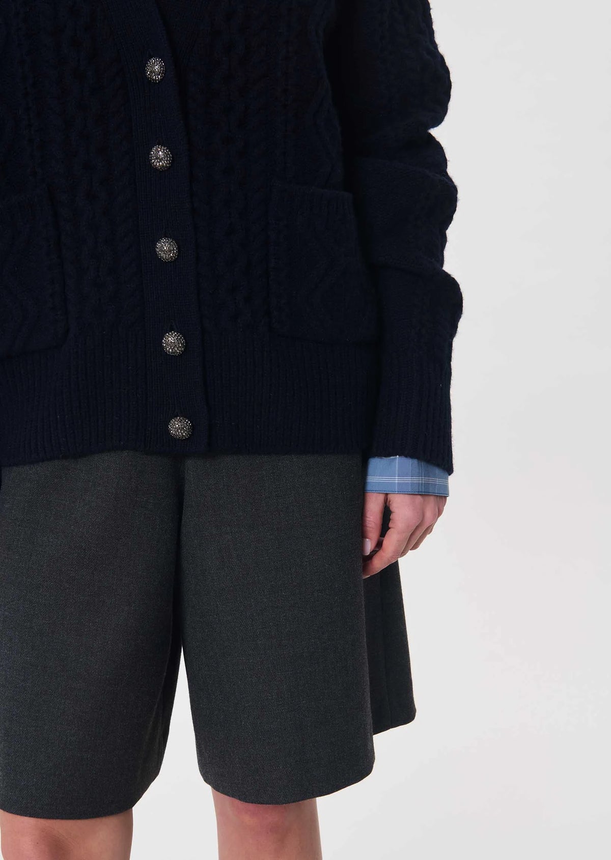 TAJ-GILOU NAVY KNIT RHINESTONE CARDIGAN