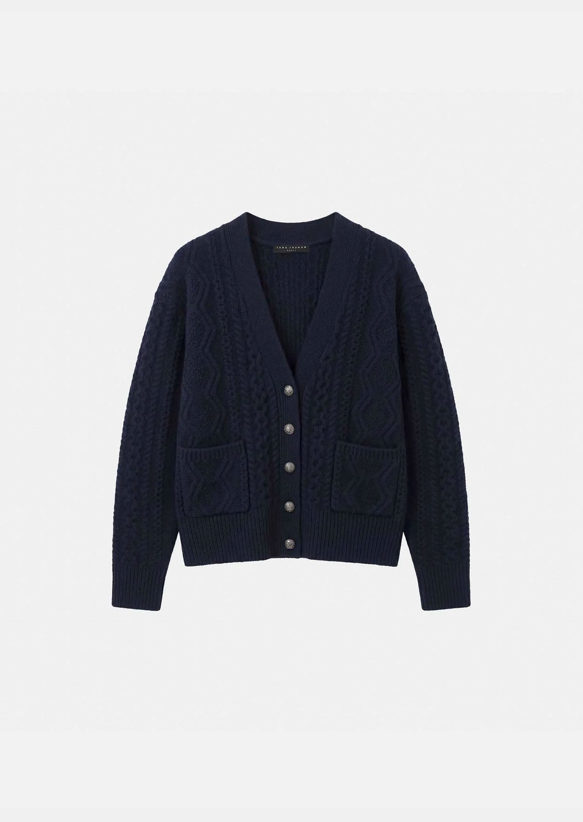 TAJ-GILOU NAVY KNIT RHINESTONE CARDIGAN