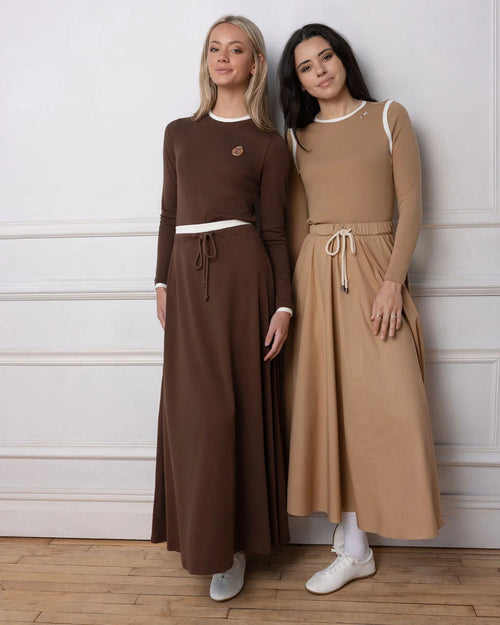 PAR-SK529 CAMEL POPLIN DRAWSTRING SKIRT