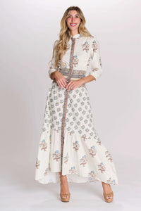 MIZ-072043 WHITE &BEIGE PRINT DRESS