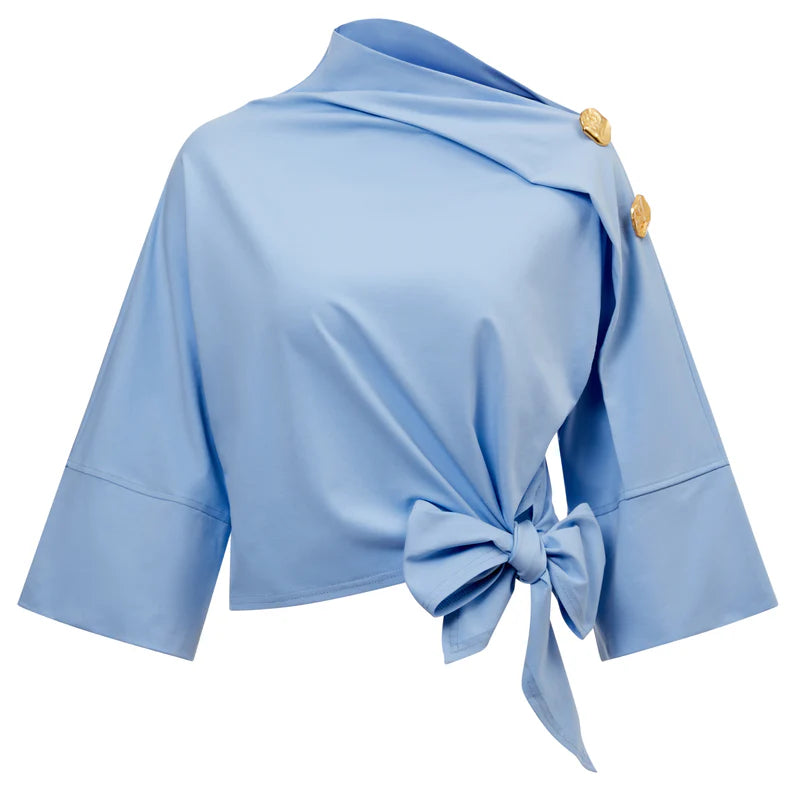 EDP-080718 BLUE BOW TIE BLOUSE