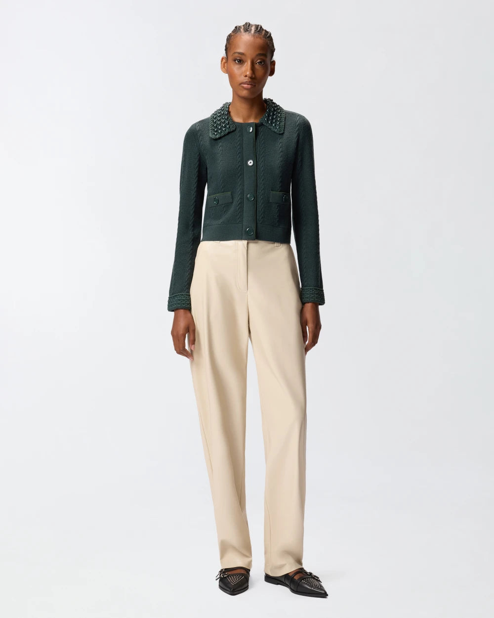 PKO-105485 MOLIE GREEN EMBELLIHED COLLAR TOP