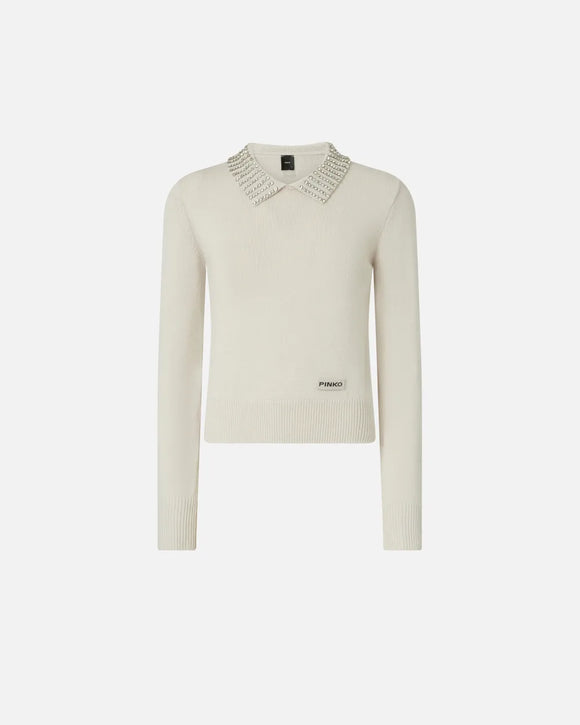 PKO-105530 VENTOTENE PALE TAUPE BEADED COLLAR TOP