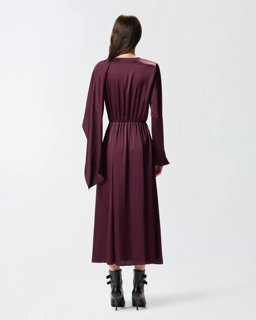 PKO-105963 MAITE BURGUNDY SATIN SASH DRESS