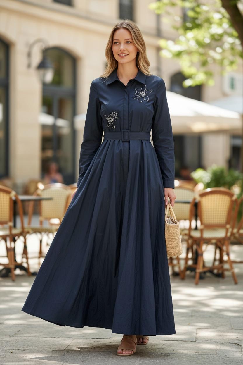 BRZ-88504 NAVY EMBROIDERED BELTED SHIRT DRESS