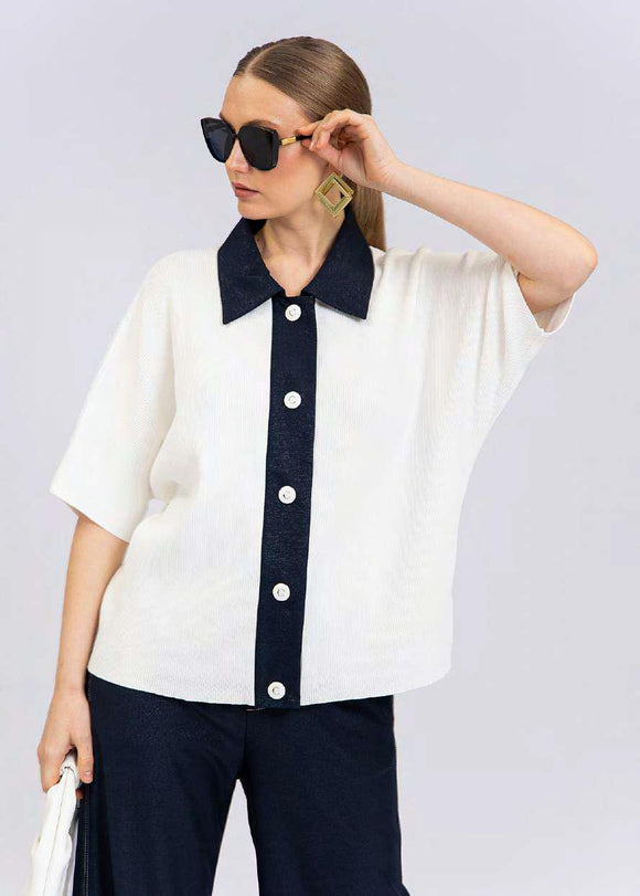CST-F2557 ECRU&NAVY CARDIGAN