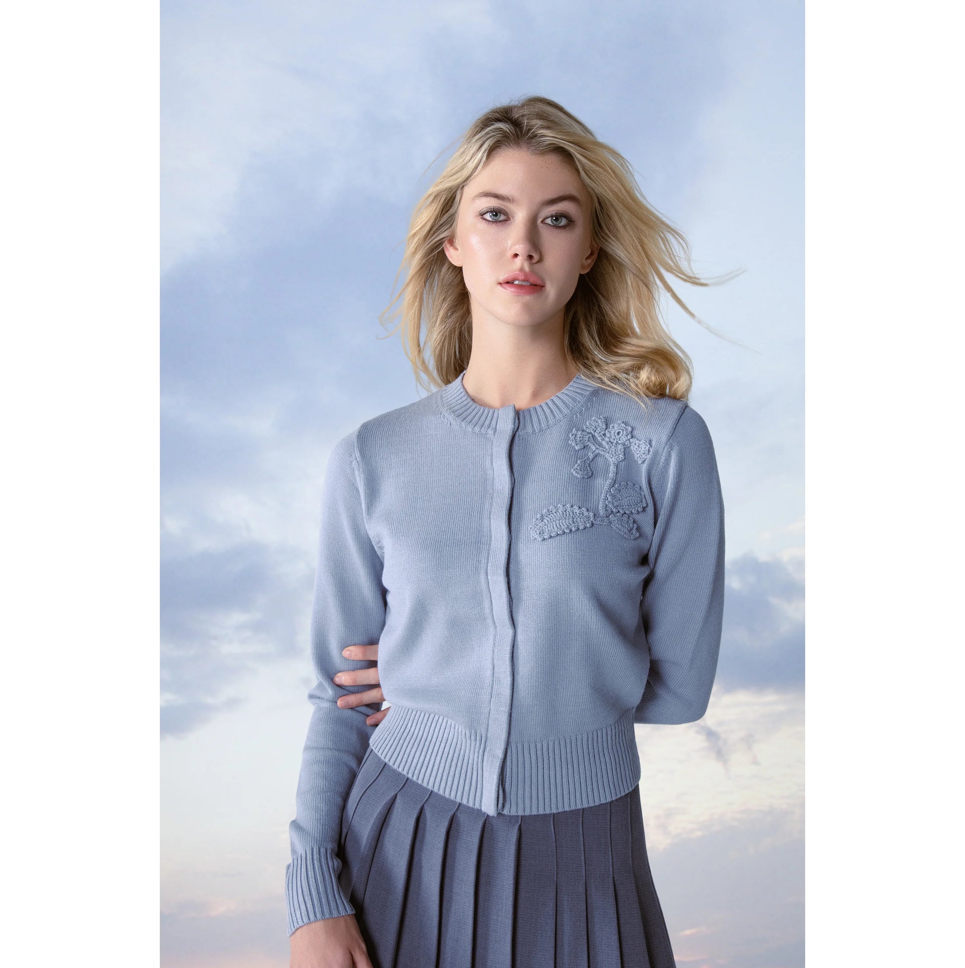 MUN-MNA5003 LIGHT BLUE MODA KNIT FLOWER CARDIGAN X