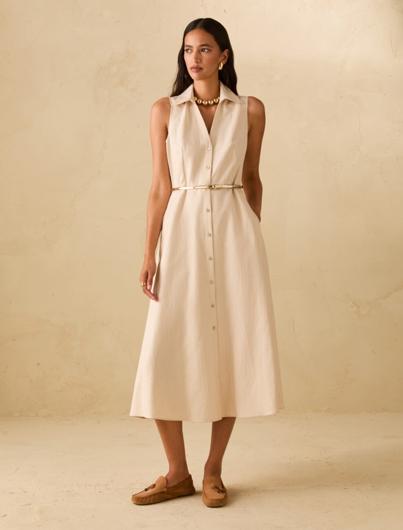 PNK-211221242 PBPGIORNOBEIGE V-NECK SHIRT DRESS