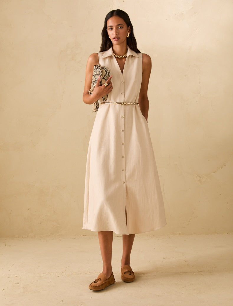 PNK-211221242 PBPGIORNOBEIGE V-NECK SHIRT DRESS