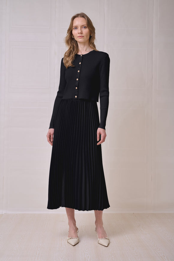 ROP-RPS2517 BLACK RIBBED SATIN PLACKET CARDIGAN