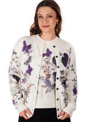 PRF-BSD1392 IVORY&PURPLE BUTTERFLY CARDIGAN