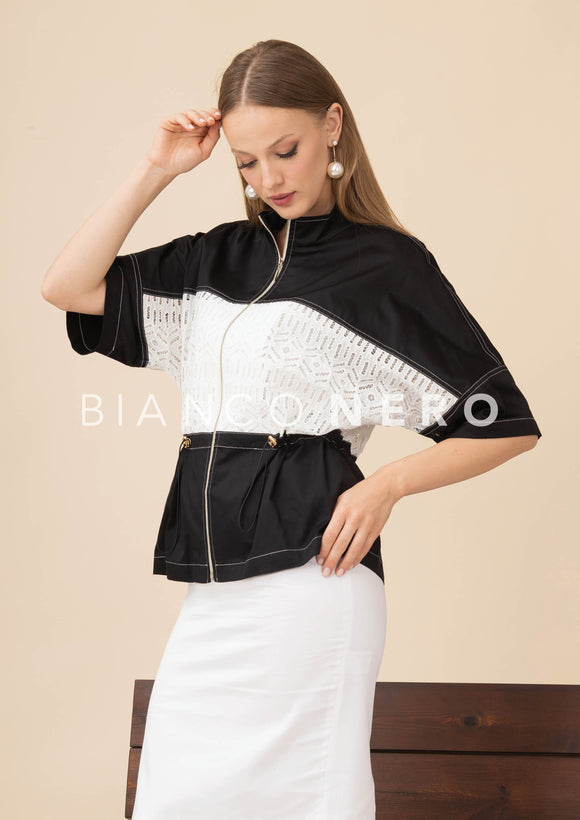 Striking black & white lace zip-up top