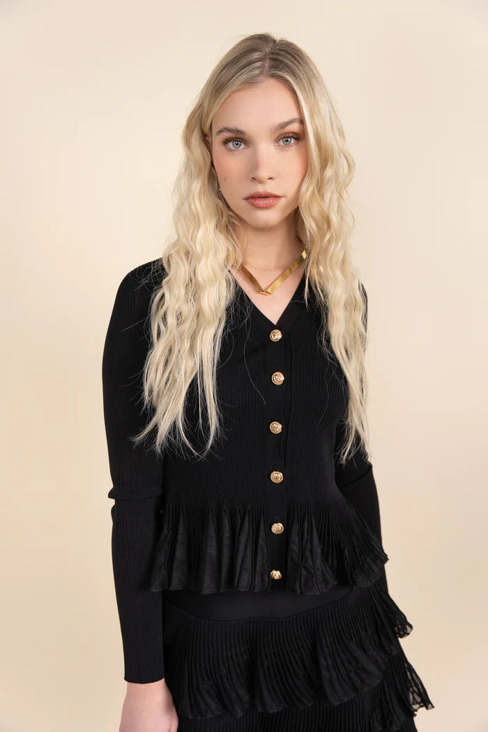 APP-25-841 BLACK RIB V-NECK CARDIGAN