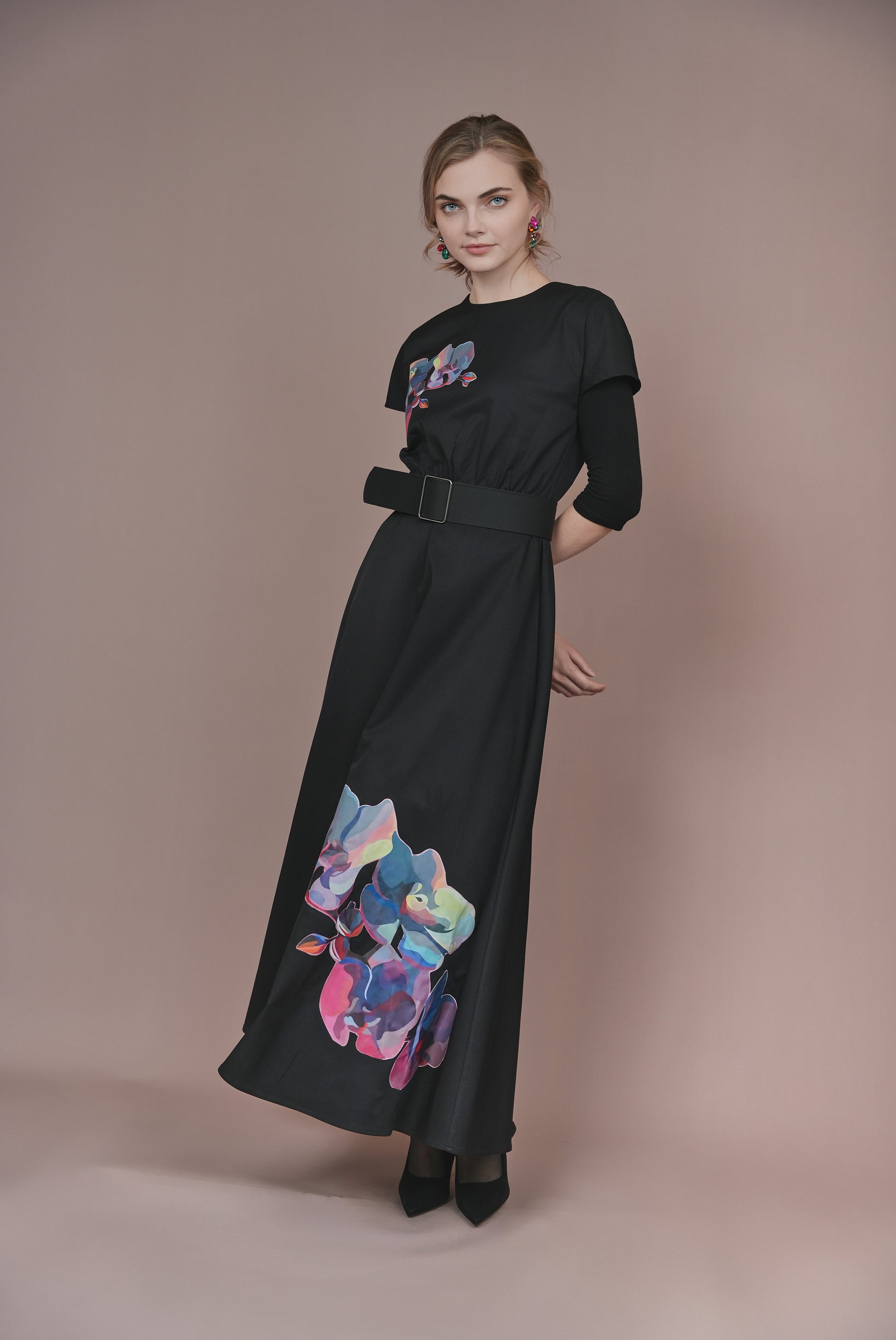 SHA-X16452 BLACK&MULTI PRINT DRESS