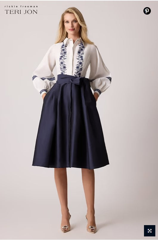 TRJ-259247 TAFFETA WHITE & NAVY DRESS