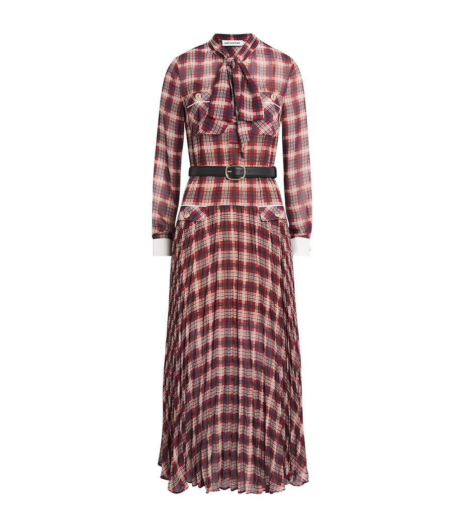 SPO-AW26-905M BURGUNDY CHECK CHIFFON DRESS
