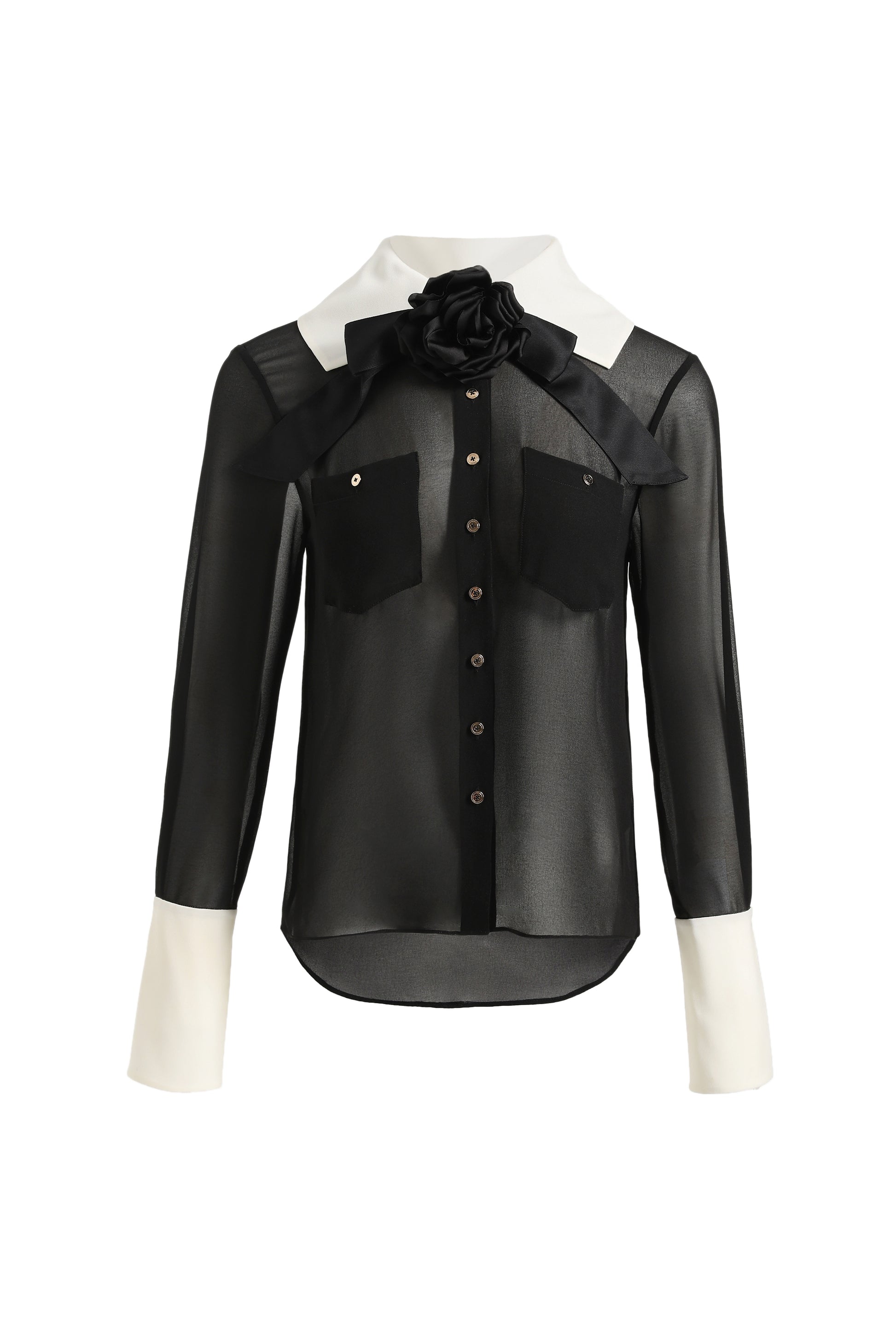 EDWARD ACHOUR PARIS-070608 BLACK COLLAR ROSE BLOUSE