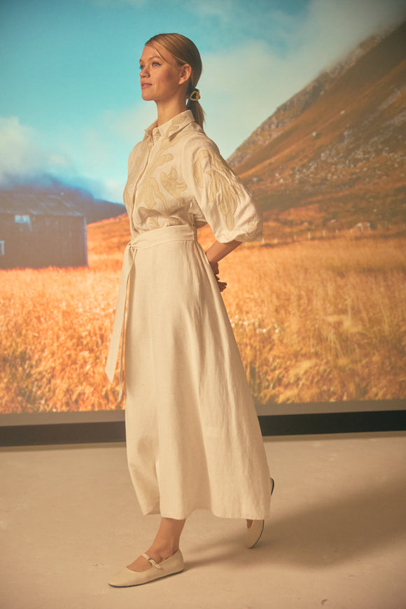 NOI-2200 IVORY PATTERN MOTIF LINEN DRESS