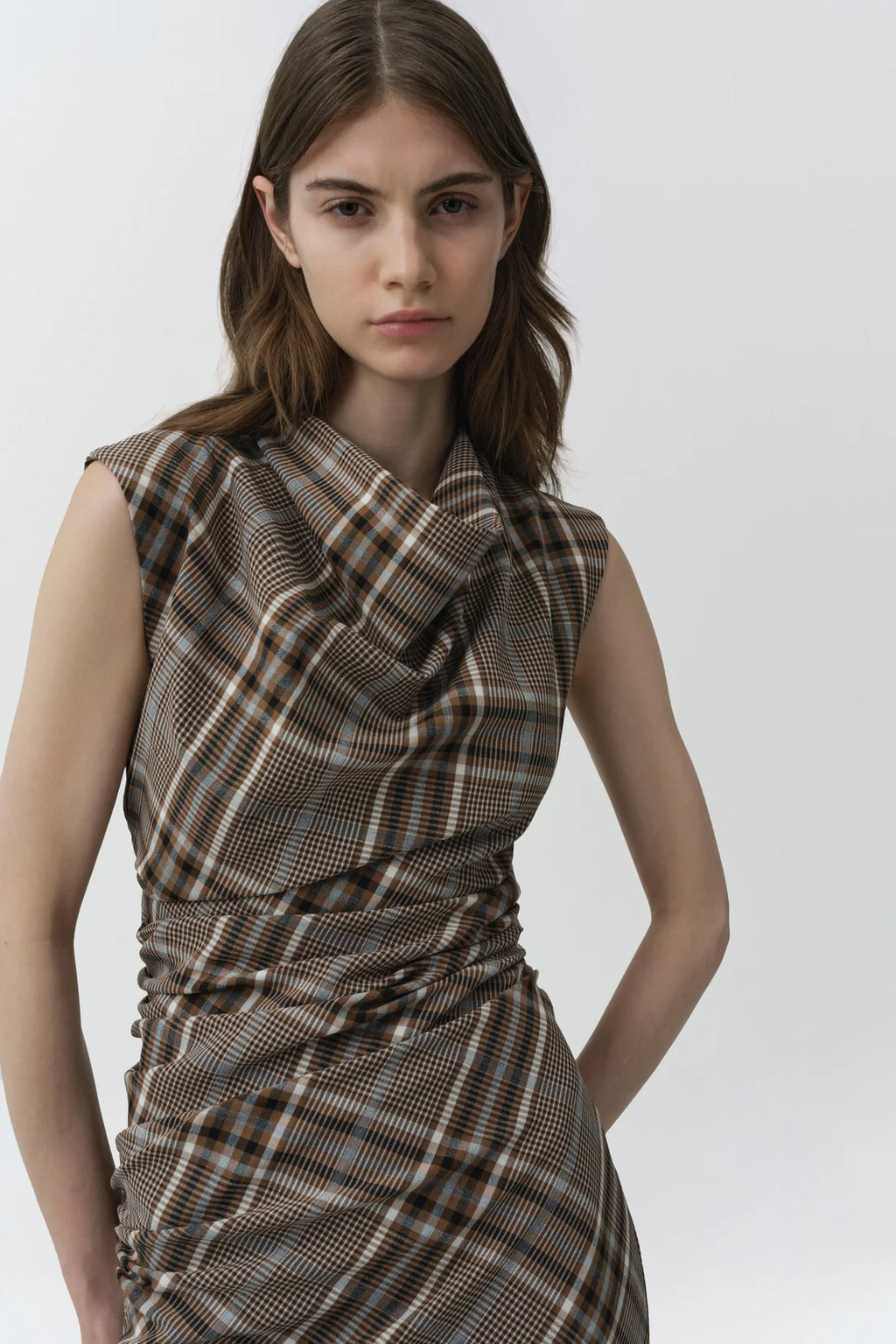 SMK-526-1181 BURKE PLAID DRAPED DRESS