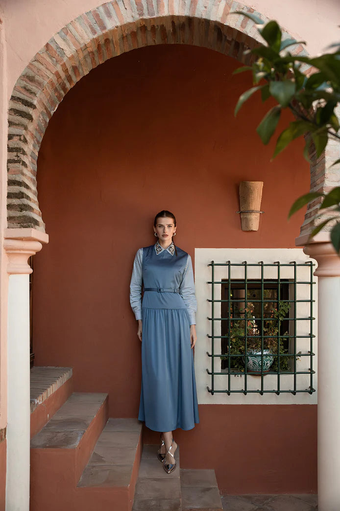 NOI-2412 BLUE SLEEVELESS BELT DRESS