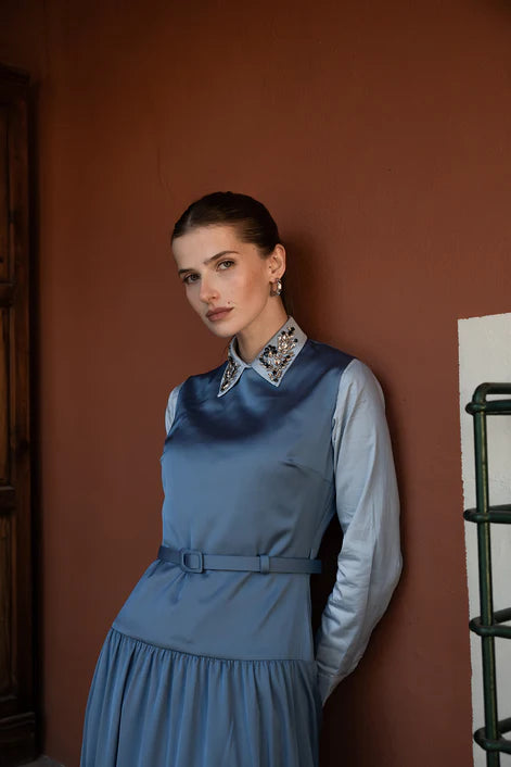 NOI-2412 BLUE SLEEVELESS BELT DRESS