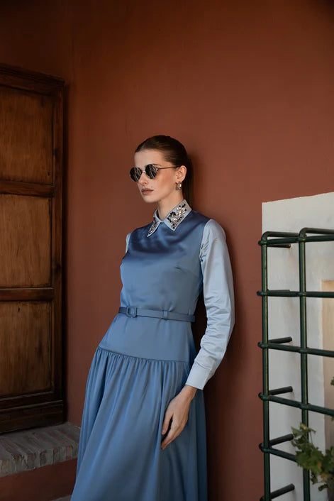 NOI-2412 BLUE SLEEVELESS BELT DRESS