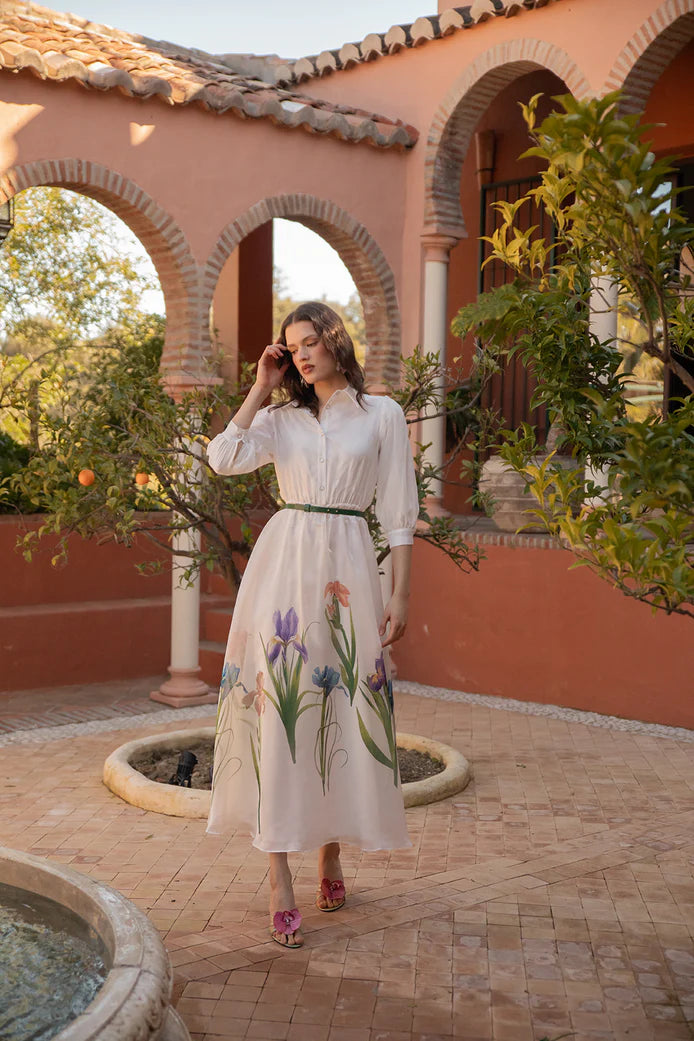 NOI-2417&2418 WHITE ORGANZA PRINT DRESS
